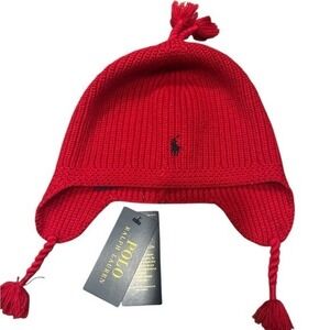 Polo Ralph Lauren Red Knit Earflap Beanie Hat with Tassels and Pony Logo O/S